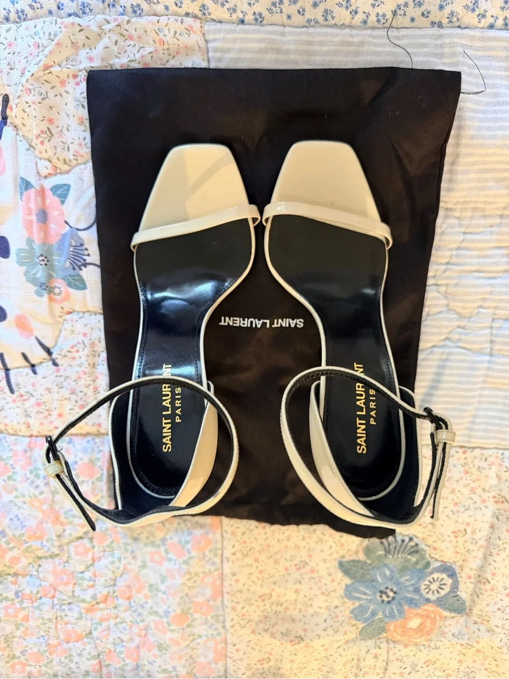 Saint Laurent Cream Patent Leather YSL-Heel Sandals